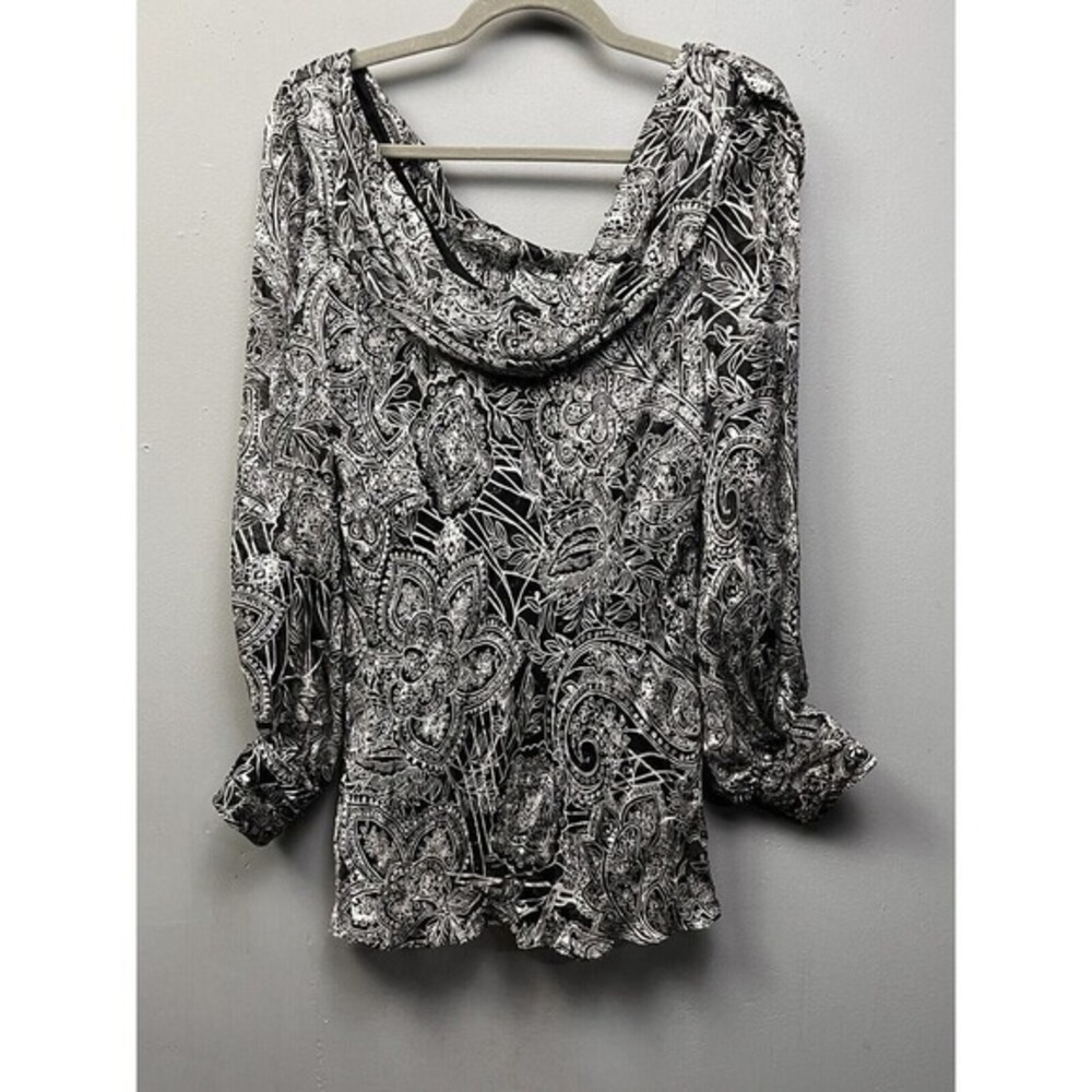 Jeanne Alexander Silk‎ Blend Paisley Cowl Neck Blouse Black White Womens Small